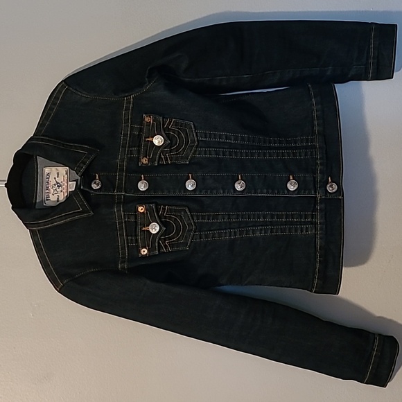 True Religion Mens Medium Dark Blue Denim World Tour Trucker Jacket Streetwear - Picture 4 of 16